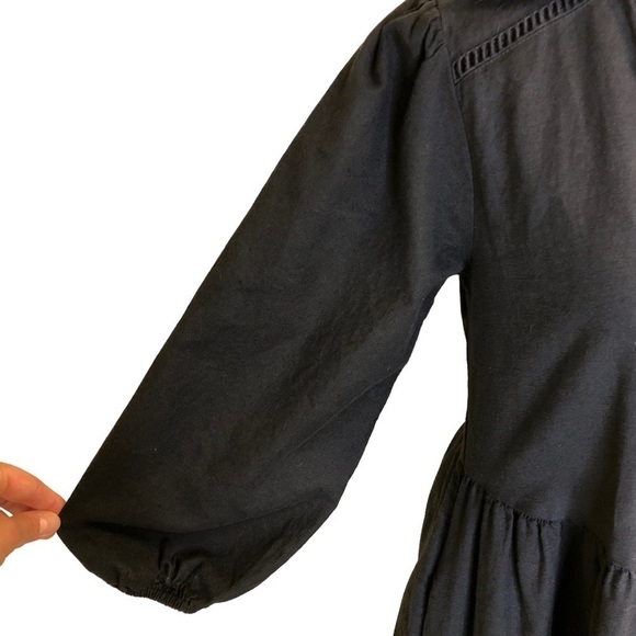 Anthro The Odells Black ALine VNeck Crochet Linen Blend Puff Sleeve Dress - Picture 7 of 13